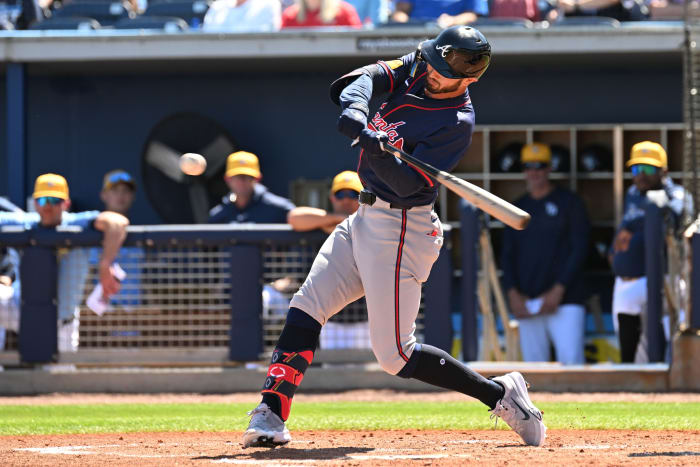 Feb 24, 2024; Port Charlotte, Florida, USA; Atlanta Braves right fielder Forrest Wall (73) hits a RBI single in the second inning of a spring training game against theTampa Bay Rays at Charlotte Sports Park.